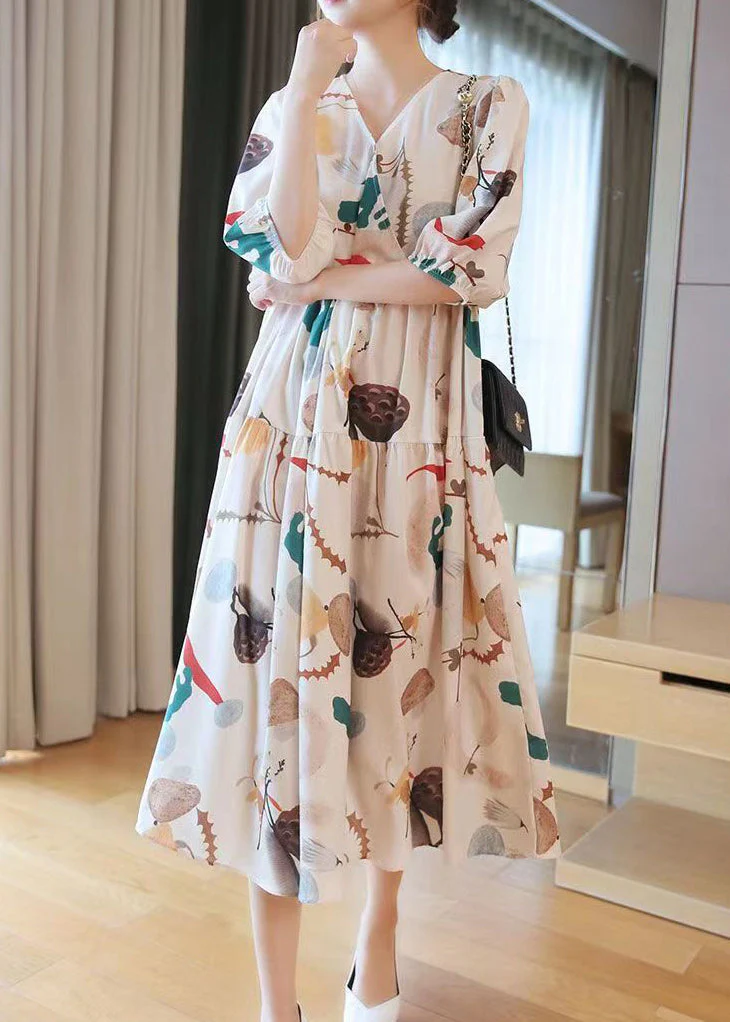 Fashion Apricot V Neck Print Cotton Long Dress Half Sleeve - Image 2