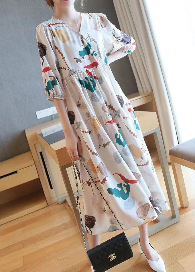 Fashion Apricot V Neck Print Cotton Long Dress Half Sleeve - Image 3