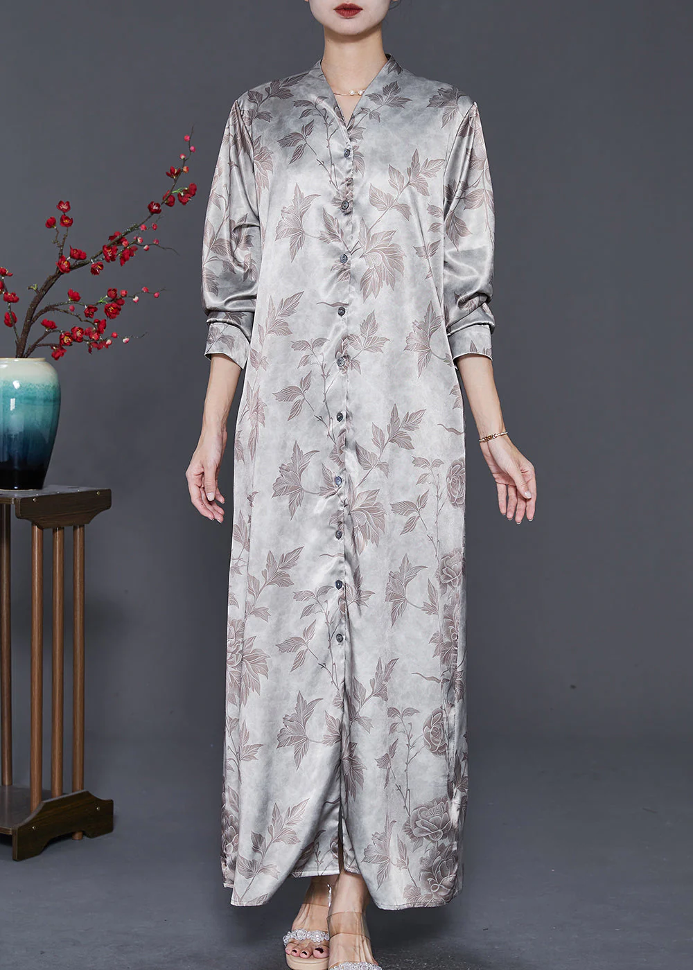 Fashion Apricot V Neck Print Silk Maxi Dresses Spring - Image 2