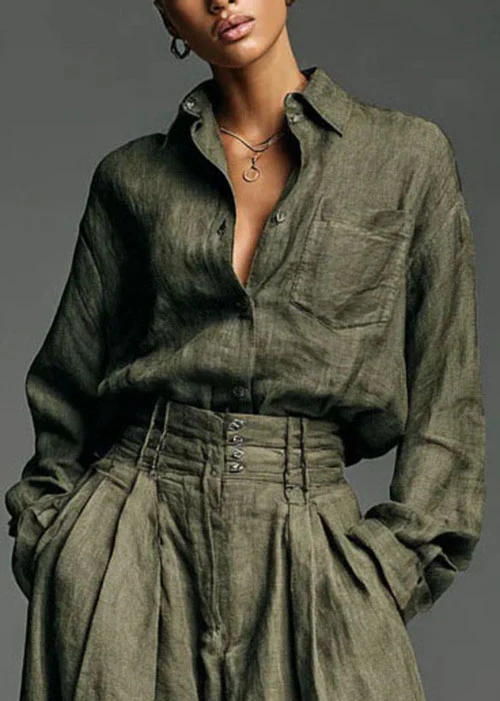 Fashion Army Green Shirt And Pants Two-Piece Set Spring - Image 3