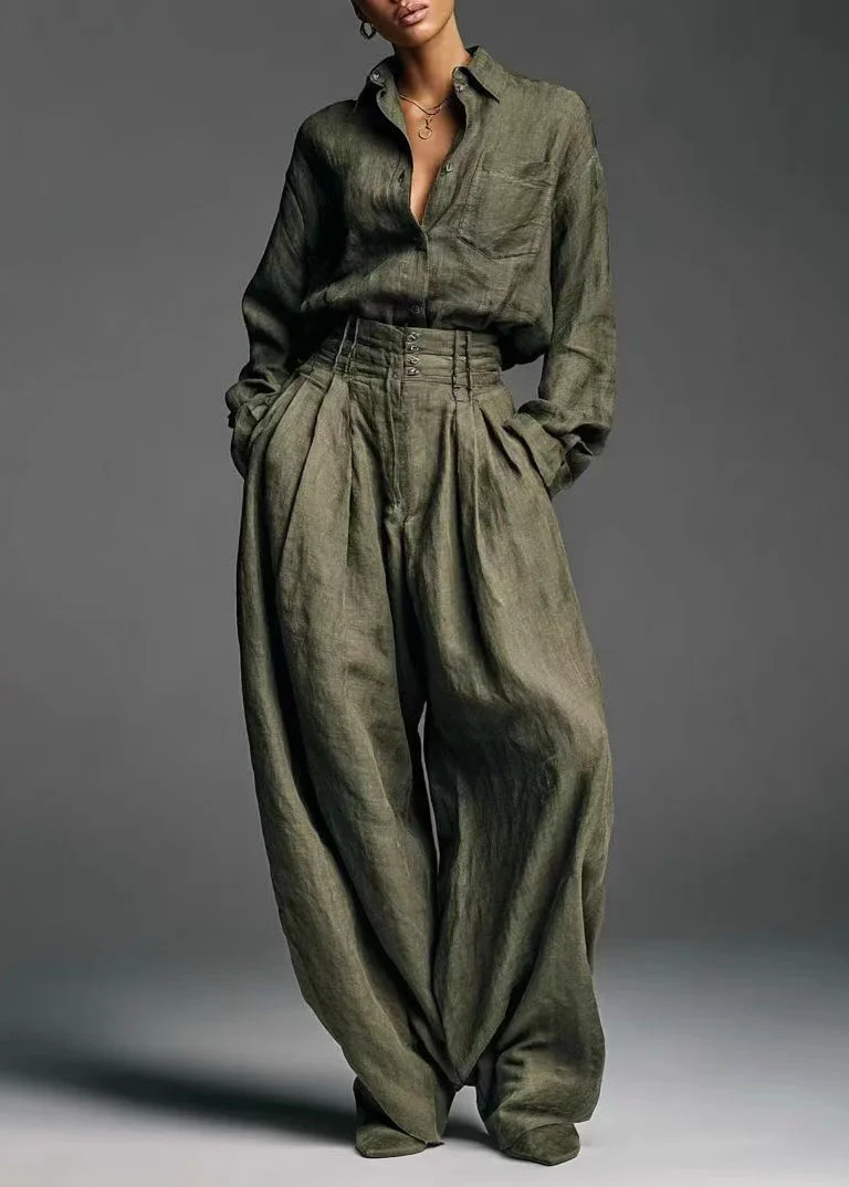Fashion Army Green Shirt And Pants Two-Piece Set Spring - Image 5