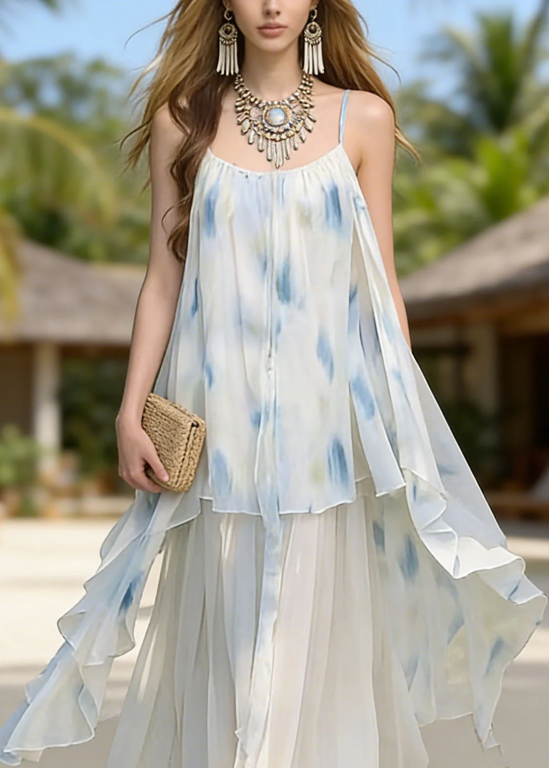 Fashion Asymmetrical Tie Dye Chiffon Spaghetti Strap Dress Summer - Image 3