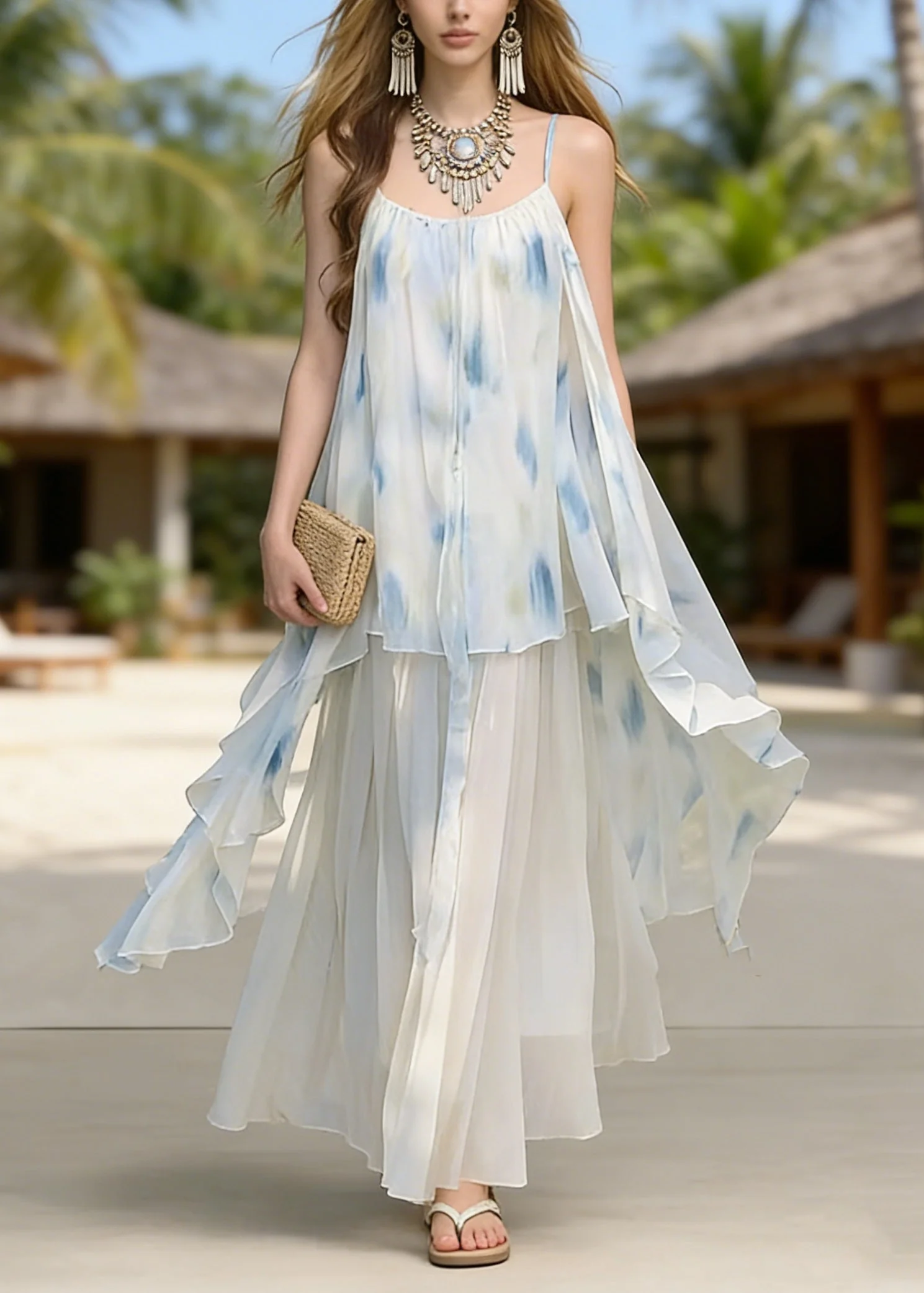 Fashion Asymmetrical Tie Dye Chiffon Spaghetti Strap Dress Summer - Image 5