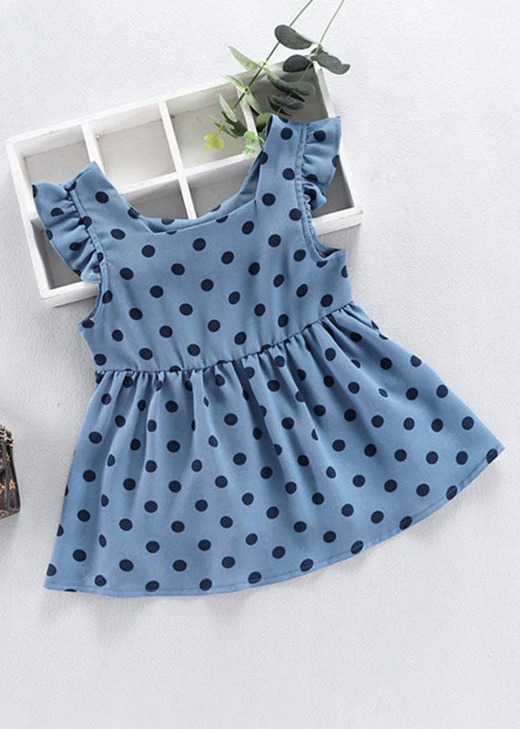 Fashion Baby Blue O-Neck Dot Print Patchwork Girls Vacation Long Dress Sleeveless - Image 3