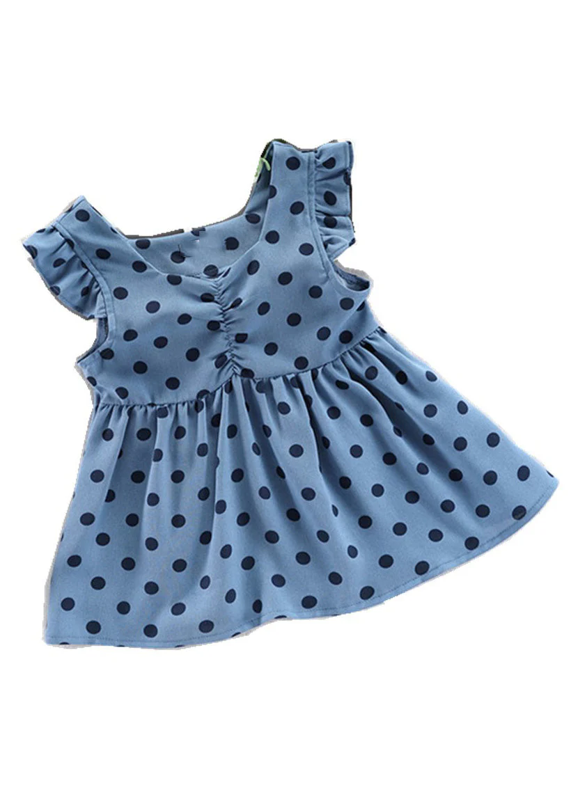 Fashion Baby Blue O-Neck Dot Print Patchwork Girls Vacation Long Dress Sleeveless - Image 5