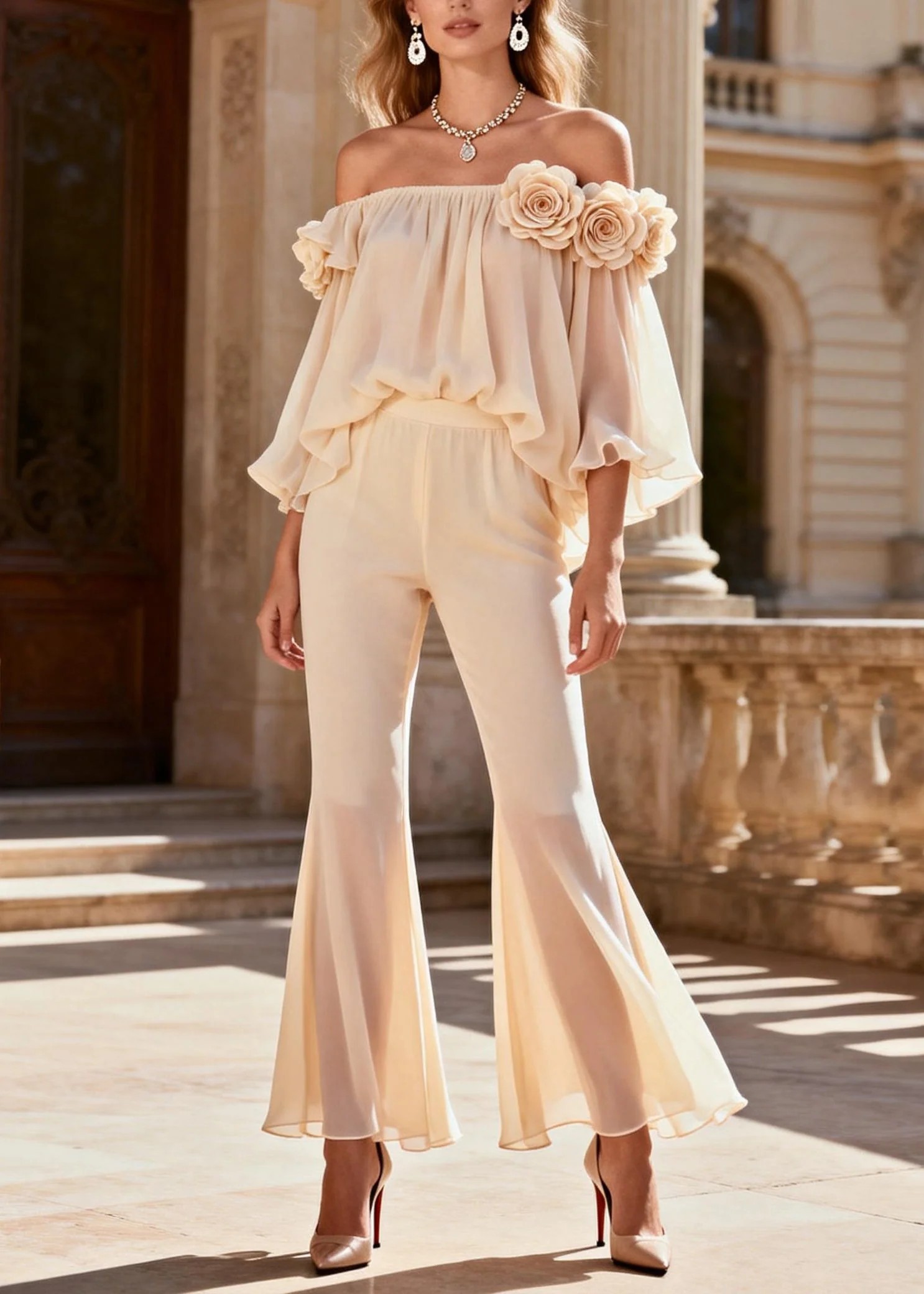 Fashion Beige Cold Shoulder Floral Silk Two Pieces Set Summer - Image 3