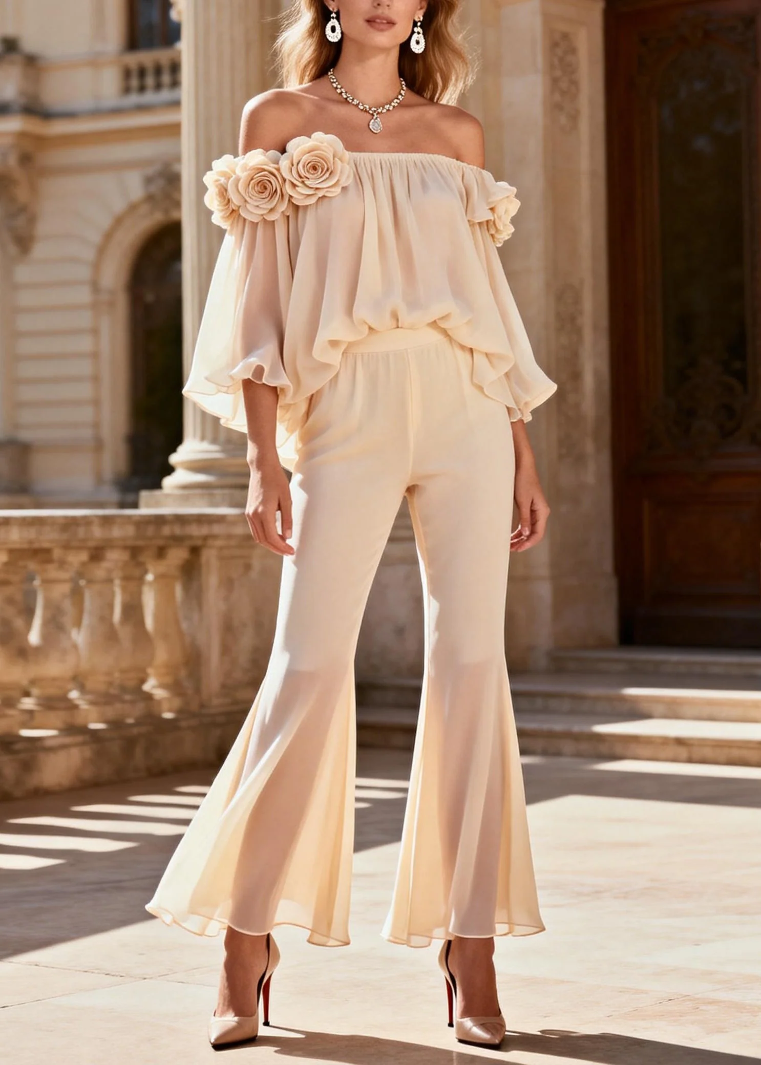 Fashion Beige Cold Shoulder Floral Silk Two Pieces Set Summer - Image 5
