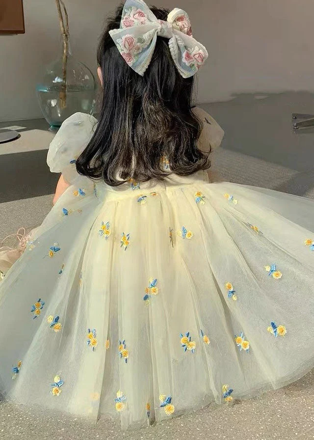 Fashion Beige Embroideried Wrinkled Patchwork Tulle Kids Girls Dress Summer - Image 2