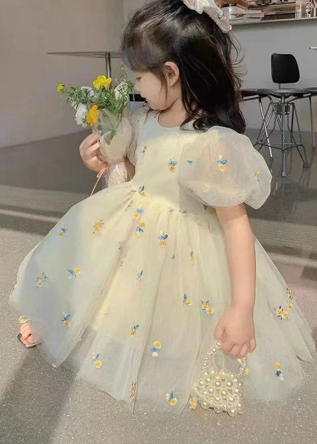 Fashion Beige Embroideried Wrinkled Patchwork Tulle Kids Girls Dress Summer - Image 3