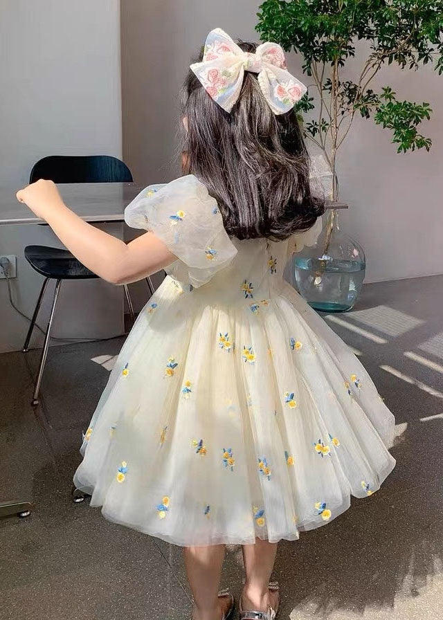 Fashion Beige Embroideried Wrinkled Patchwork Tulle Kids Girls Dress Summer - Image 4