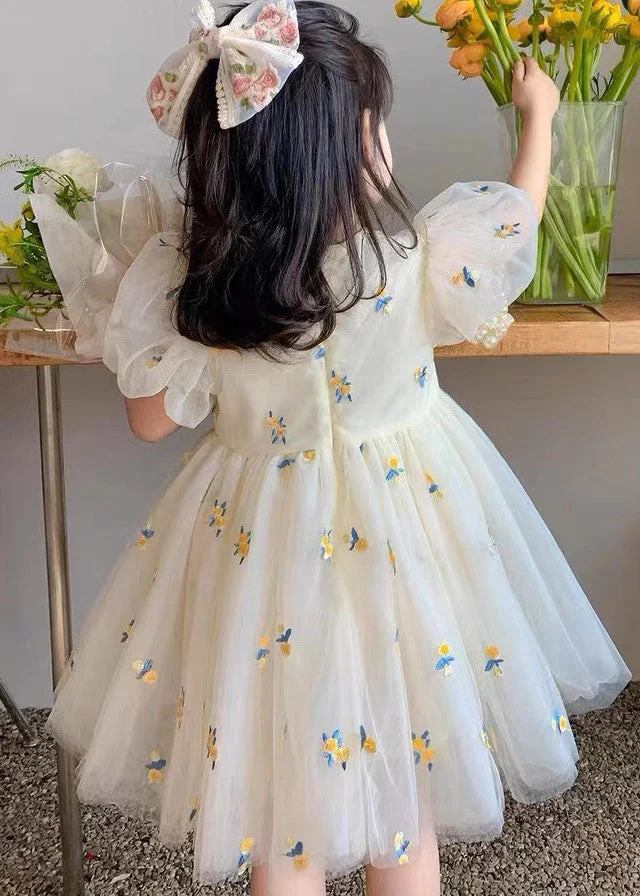 Fashion Beige Embroideried Wrinkled Patchwork Tulle Kids Girls Dress Summer - Image 5