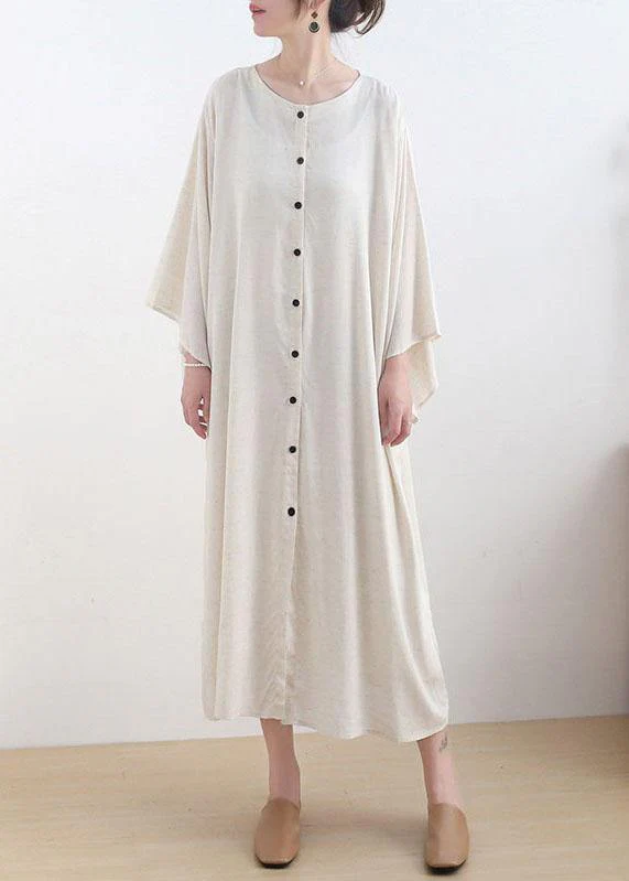 Fashion Beige O-Neck Button Maxi Dresses Fall Cotton Dress - Image 2