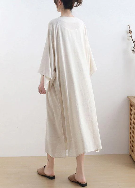 Fashion Beige O-Neck Button Maxi Dresses Fall Cotton Dress - Image 3