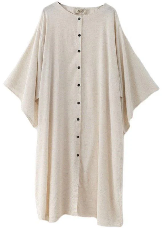 Fashion Beige O-Neck Button Maxi Dresses Fall Cotton Dress - Image 4