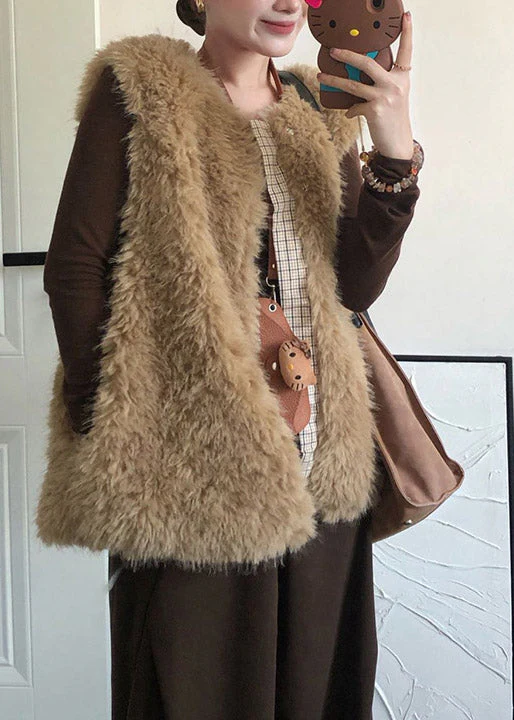 Fashion Beige O Neck Patchwork Faux Fur Vest Sleeveless - Image 4