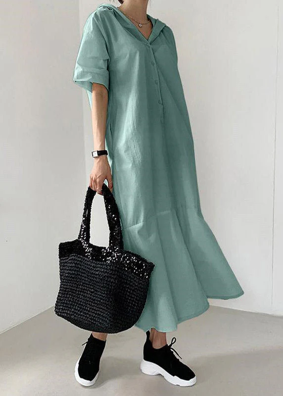 Fashion Beige Patchwork Button Hoded Long Shirt Dress Short Sleeve - Image 2