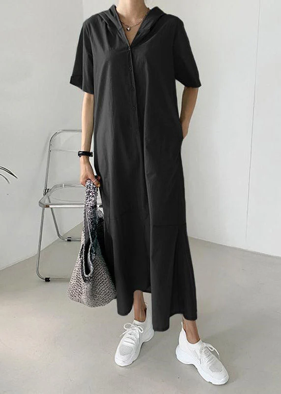 Fashion Beige Patchwork Button Hoded Long Shirt Dress Short Sleeve - Image 3