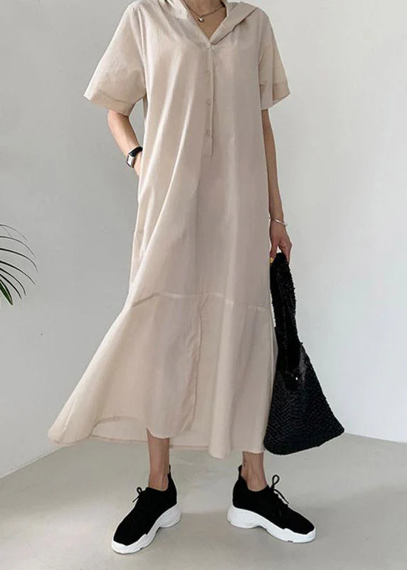 Fashion Beige Patchwork Button Hoded Long Shirt Dress Short Sleeve - Image 4