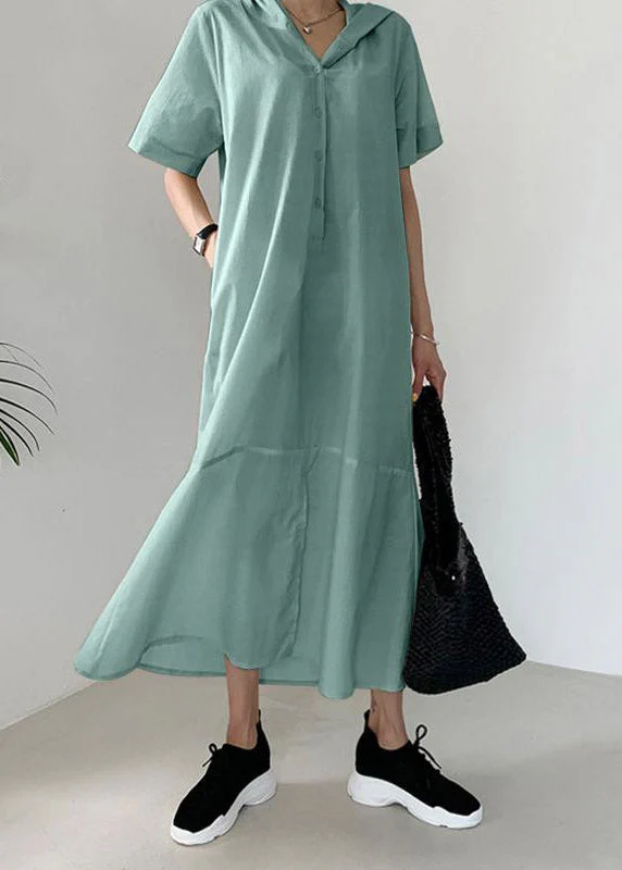 Fashion Beige Patchwork Button Hoded Long Shirt Dress Short Sleeve - Image 5