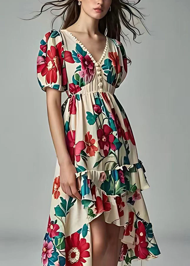 Fashion Beige Print Low High Design Cotton Dress Summer - Image 2