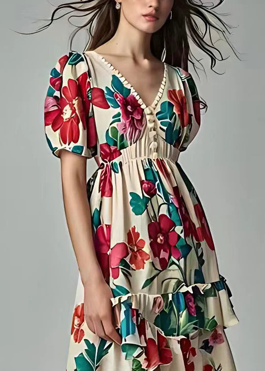 Fashion Beige Print Low High Design Cotton Dress Summer - Image 3