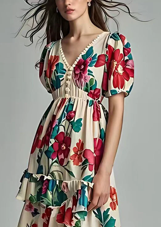 Fashion Beige Print Low High Design Cotton Dress Summer - Image 4