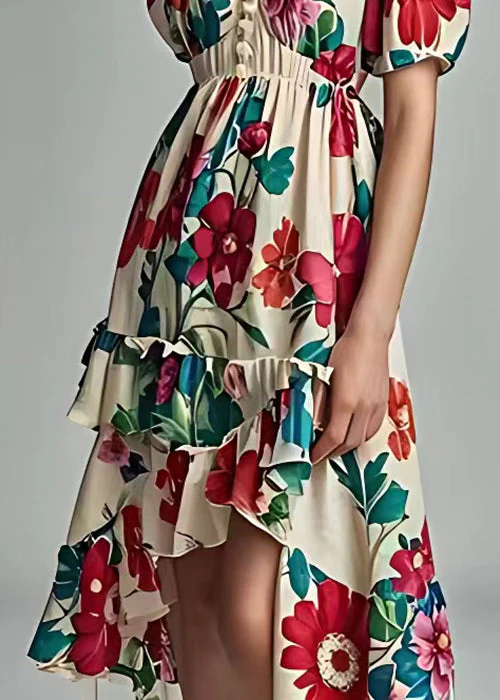 Fashion Beige Print Low High Design Cotton Dress Summer - Image 5