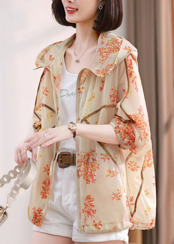 Fashion Beige Print Pockets Hoodie UPF 50+ Coat Jacket Spring - Image 4