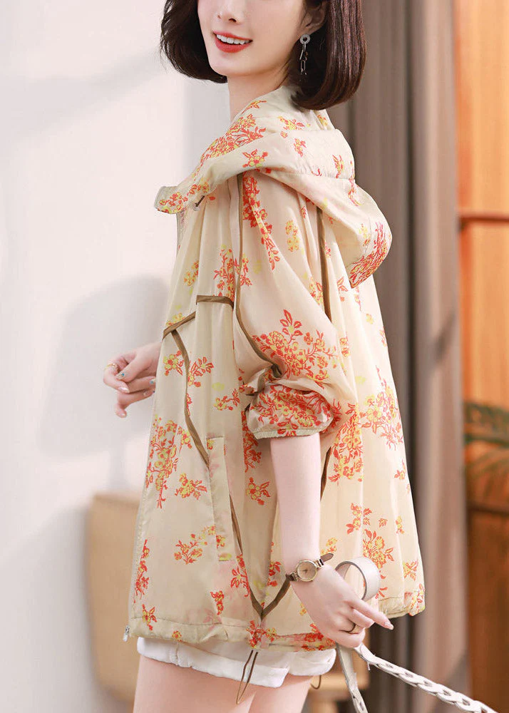 Fashion Beige Print Pockets Hoodie UPF 50+ Coat Jacket Spring - Image 5