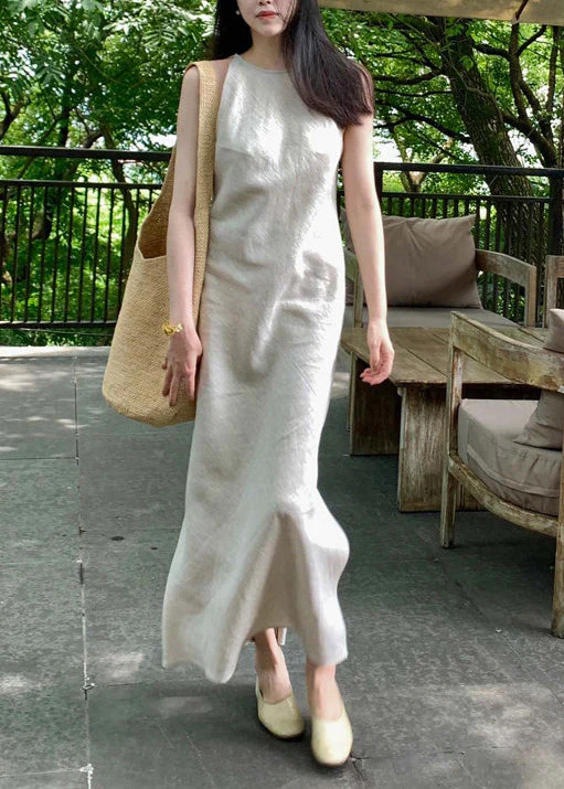 Fashion Beige Side Open Linen Ankle Dress Summer - Image 3