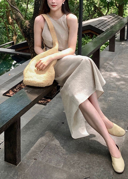 Fashion Beige Side Open Linen Ankle Dress Summer - Image 4