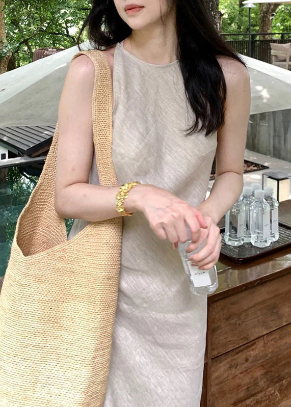 Fashion Beige Side Open Linen Ankle Dress Summer - Image 5