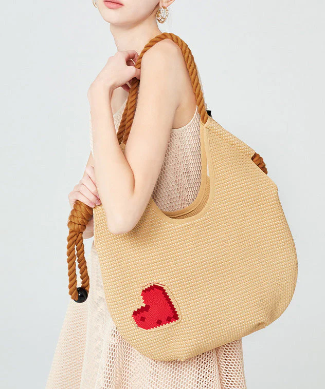 Fashion Beige Solid Durable Patchwork Love Woven Shoulder Bags - Image 3