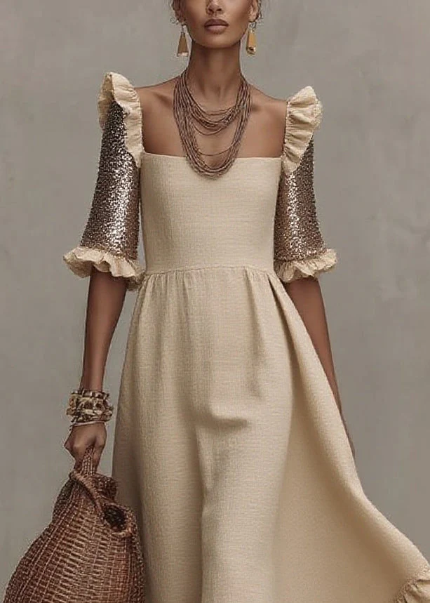 Fashion Beige Square Collar Ruffled Wrinkled Long Dress Summer - Image 2