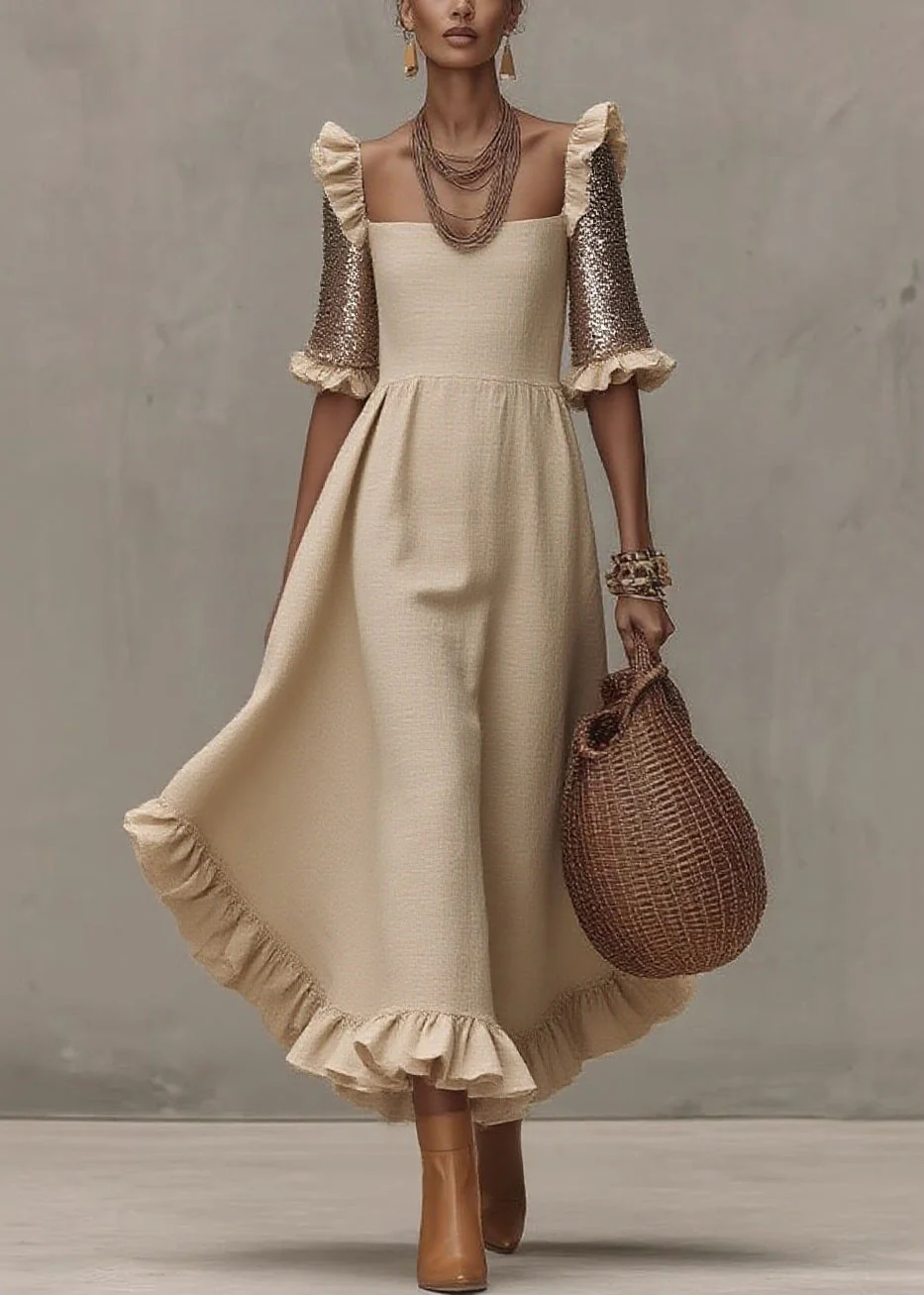 Fashion Beige Square Collar Ruffled Wrinkled Long Dress Summer - Image 3