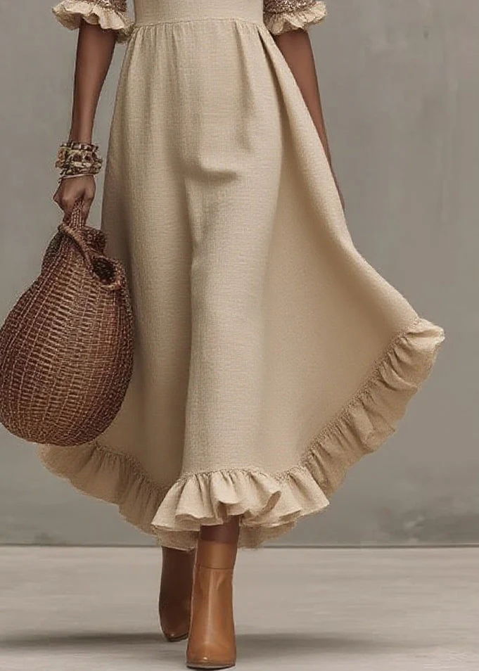 Fashion Beige Square Collar Ruffled Wrinkled Long Dress Summer - Image 4
