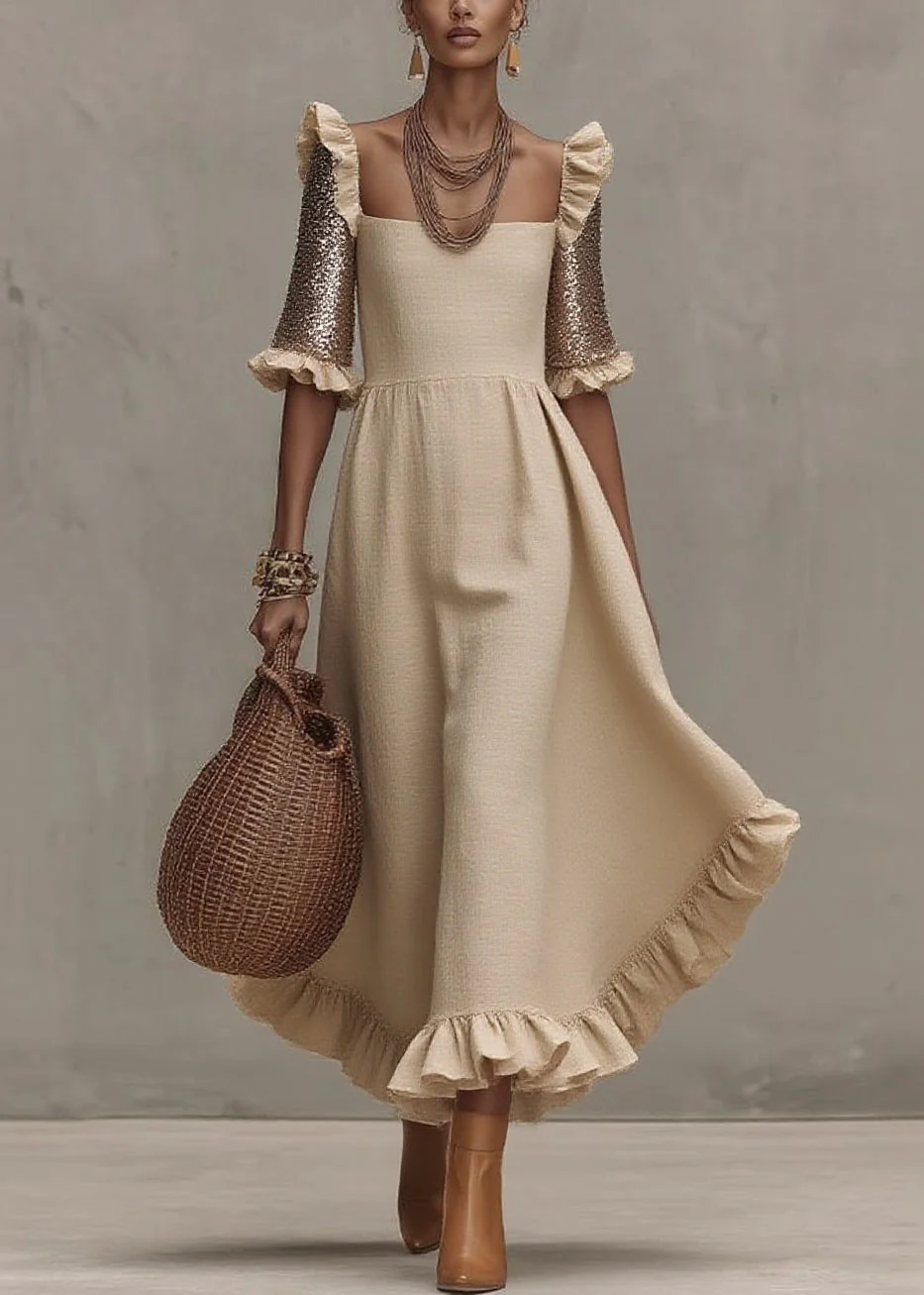 Fashion Beige Square Collar Ruffled Wrinkled Long Dress Summer - Image 5