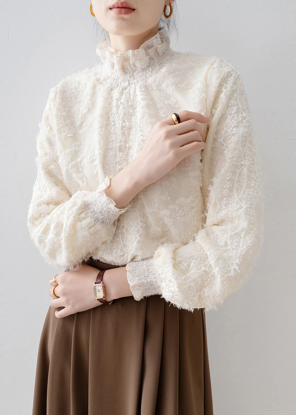 Fashion Beige Stand Collar Warm Fleece Blouse Tops Winter - Image 4
