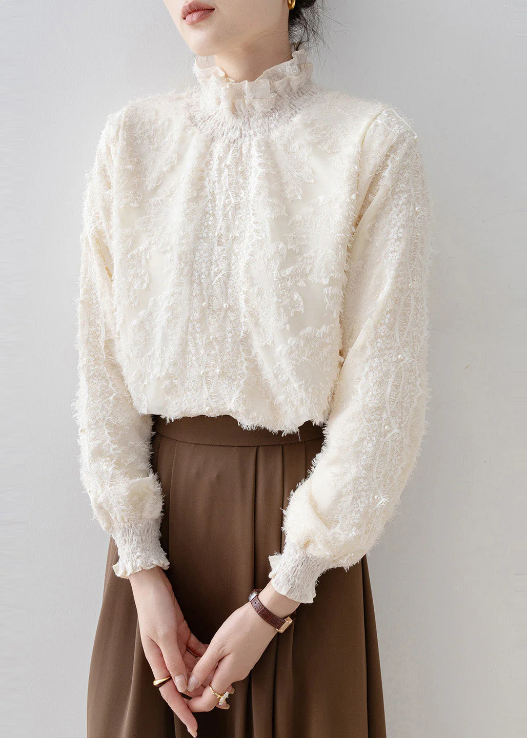 Fashion Beige Stand Collar Warm Fleece Blouse Tops Winter - Image 5