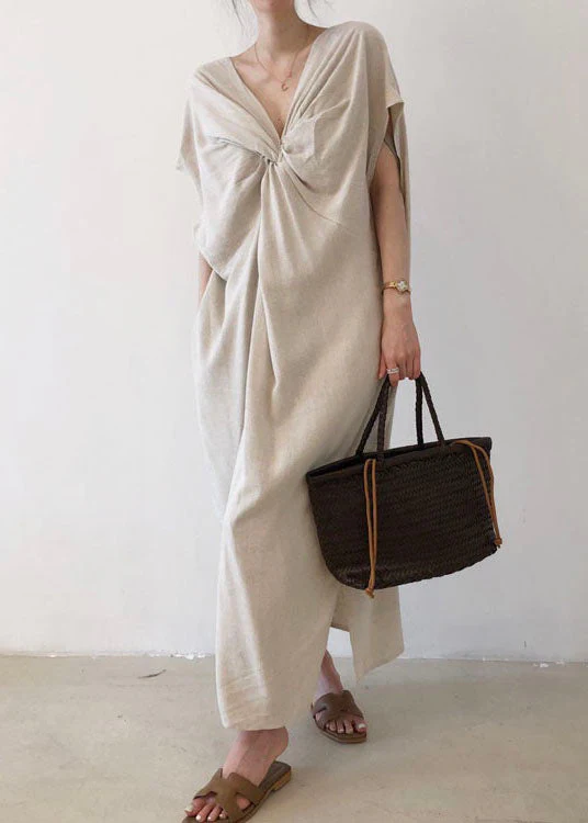 Fashion Beige V Neck Cotton Short Sleeve Long Dresses - Image 2