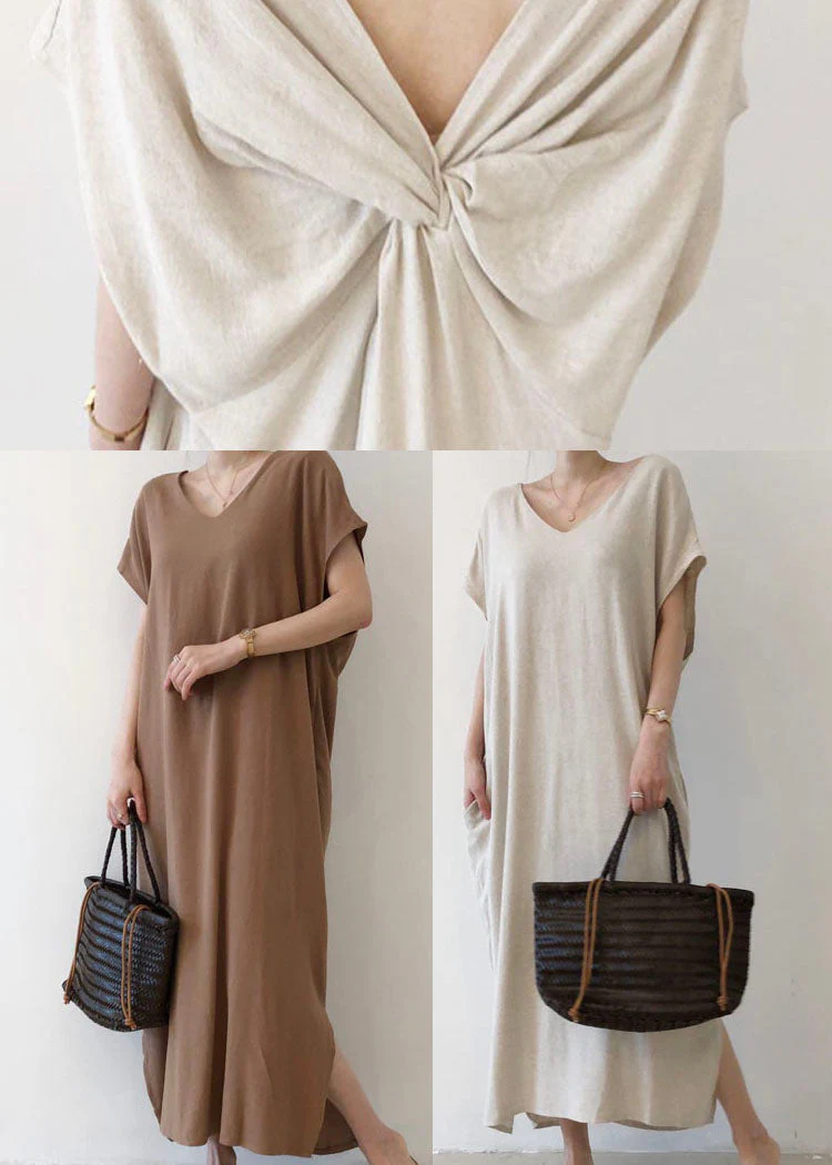 Fashion Beige V Neck Cotton Short Sleeve Long Dresses - Image 5