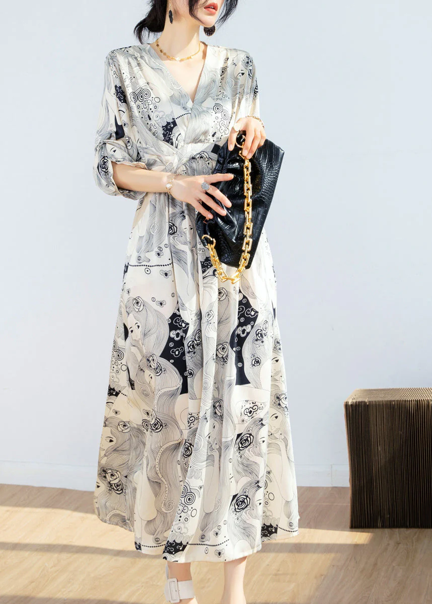 Fashion Beige V Neck Print Tie Waist Chiffon Maxi Dress Short Sleeve