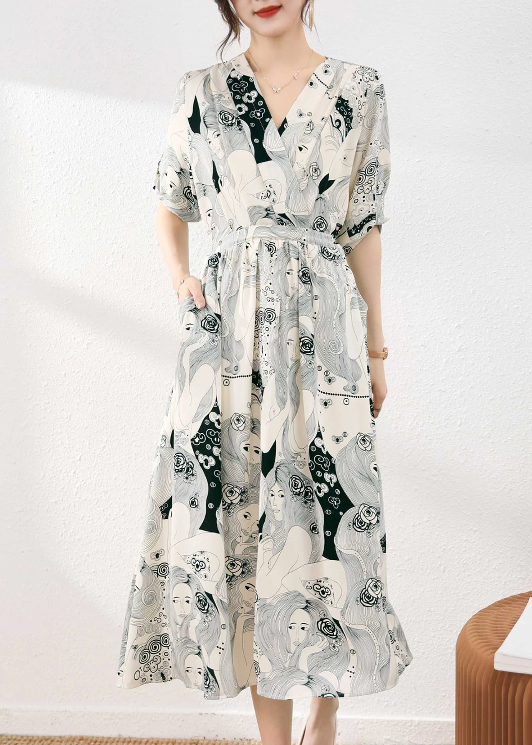 Fashion Beige V Neck Print Tie Waist Chiffon Maxi Dress Short Sleeve - Image 2