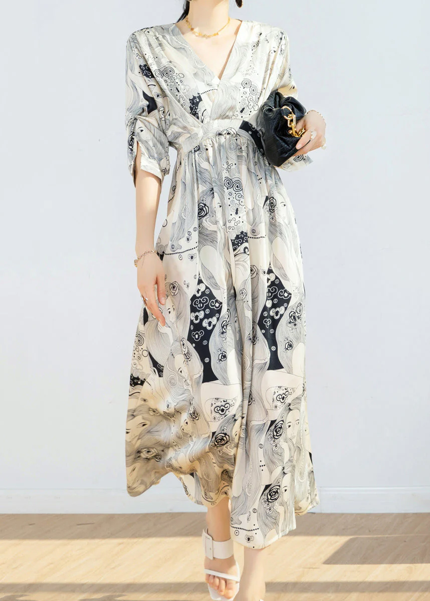 Fashion Beige V Neck Print Tie Waist Chiffon Maxi Dress Short Sleeve - Image 3
