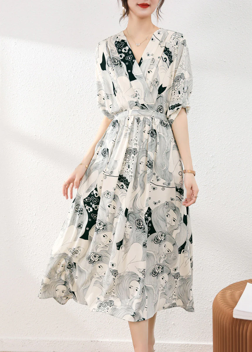 Fashion Beige V Neck Print Tie Waist Chiffon Maxi Dress Short Sleeve - Image 4