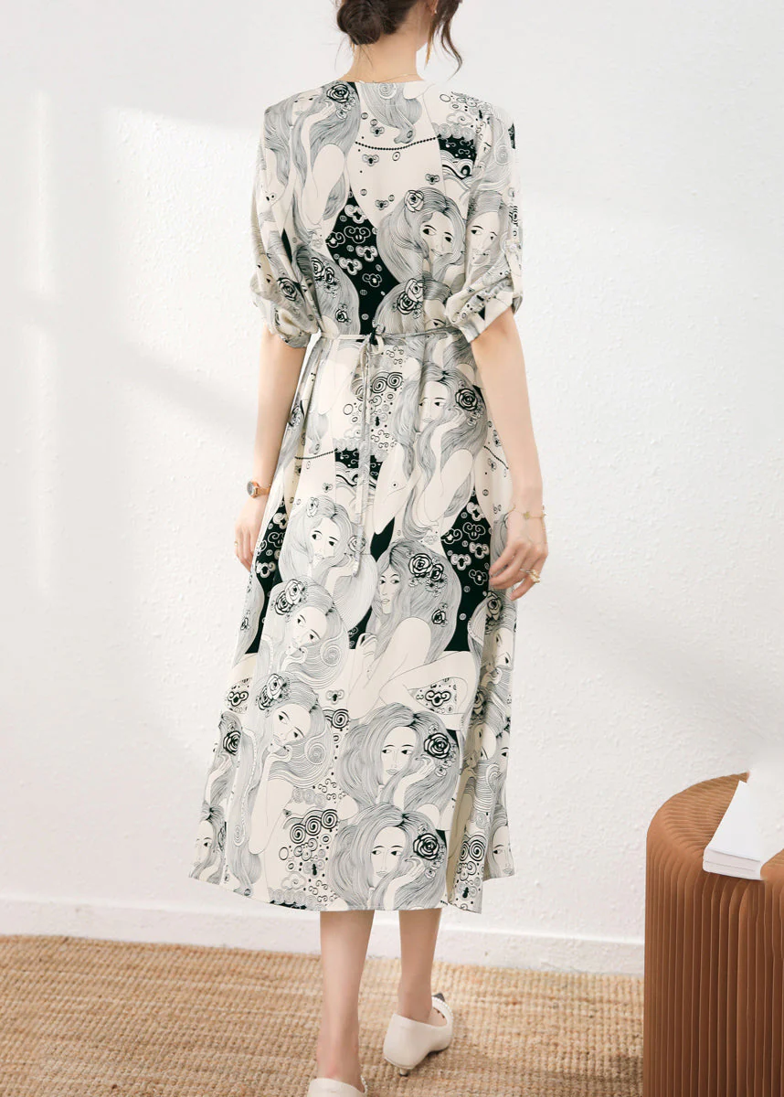 Fashion Beige V Neck Print Tie Waist Chiffon Maxi Dress Short Sleeve - Image 5