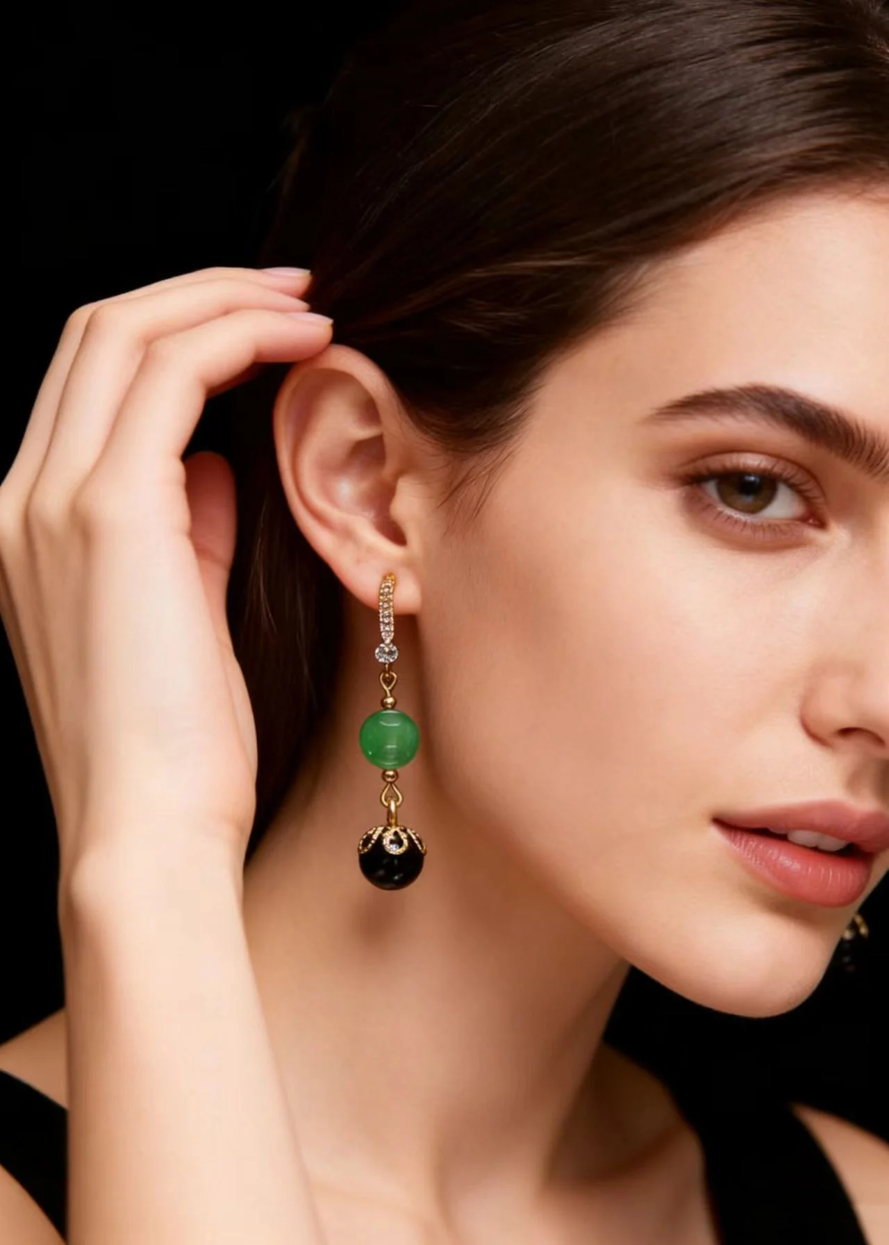 Fashion Black Agate Tassels Jade Drop Earrings - Image 3