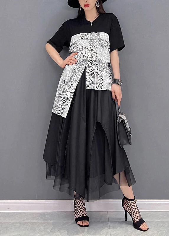 Fashion Black Asymmetrical Design Patchwork Tulle vacation Dress Short Sleeve - Image 2