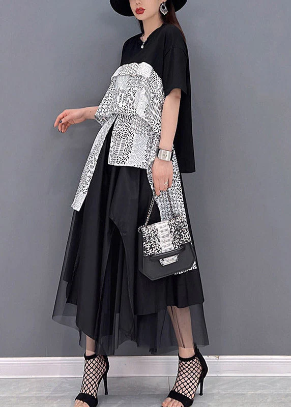 Fashion Black Asymmetrical Design Patchwork Tulle vacation Dress Short Sleeve - Image 3