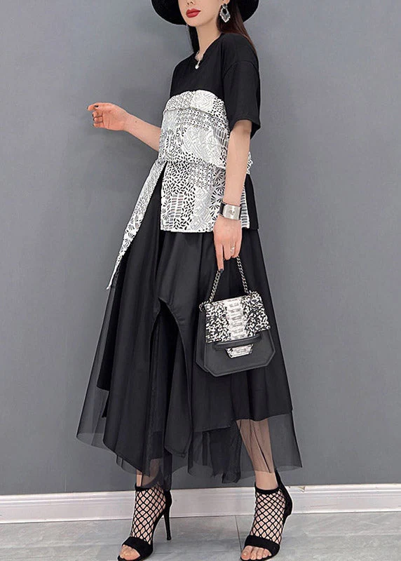 Fashion Black Asymmetrical Design Patchwork Tulle vacation Dress Short Sleeve - Image 4
